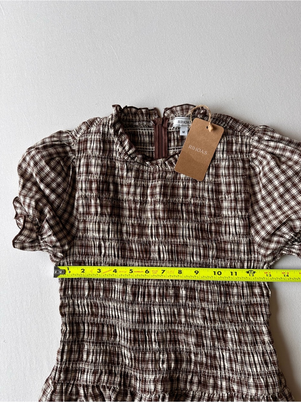 Rihoas Coffee Gingham Puffed Sleeve Mini Dress - Picture 4 of 6